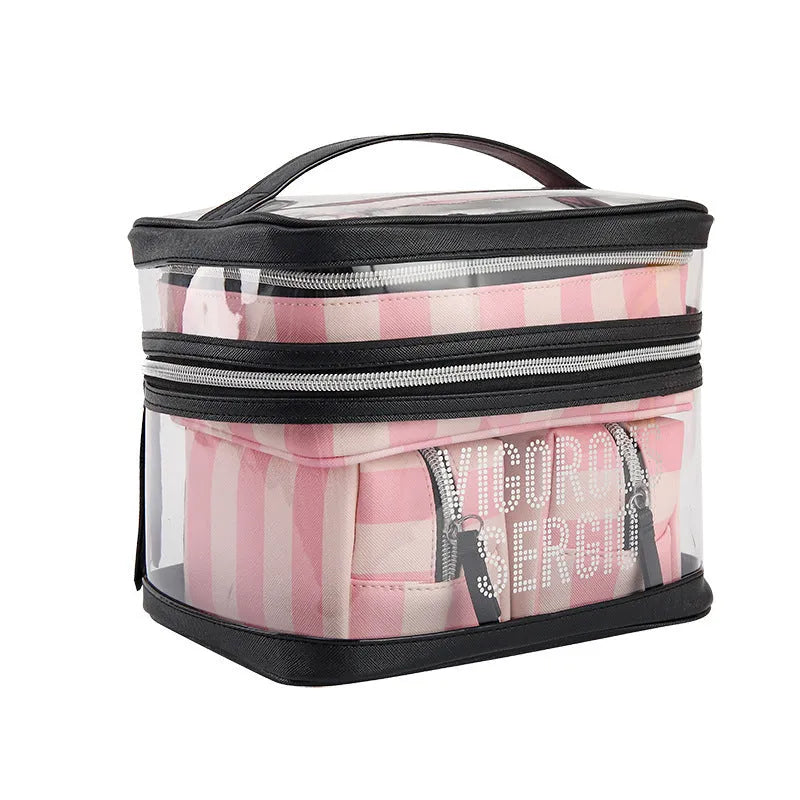 Pink bold stripes buggy bag makeup kit with floral pattern and synthetic leather waterproof design