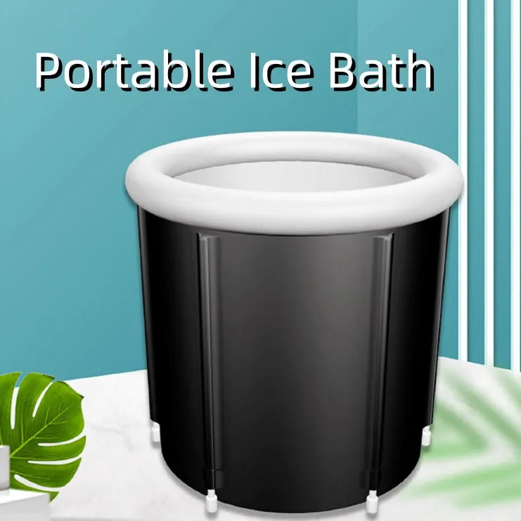 Portable inflatable ice bath in black, size 70x80cm, with weather lid, for outdoor recovery therapy