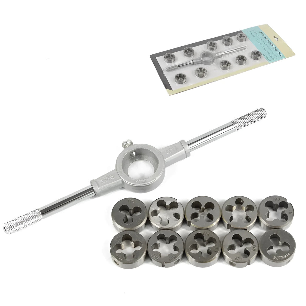 Hand tap wrench and die set with metric alloy steel dies in blister packaging