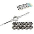 Hand tap wrench and die set with metric alloy steel dies in blister packaging