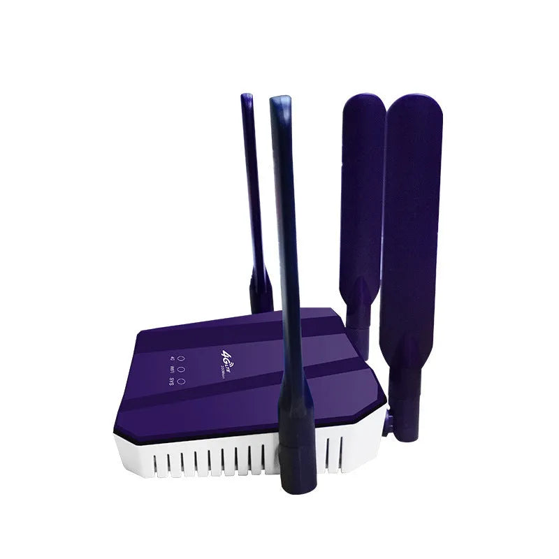 Blue 4G dual-mode router with four antennas, showing compact size and connectivity ports.