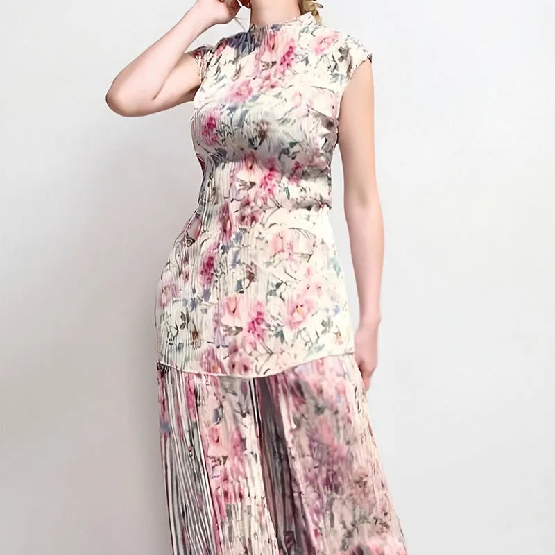 Printed chiffon dress set with high waist skirt and long sleeve top in picture colour