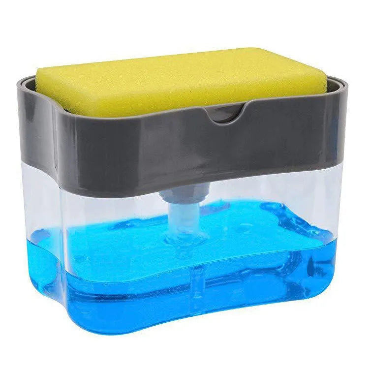 Compact plastic kitchen soap dispenser in silver, 14.5 cm tall, on a countertop