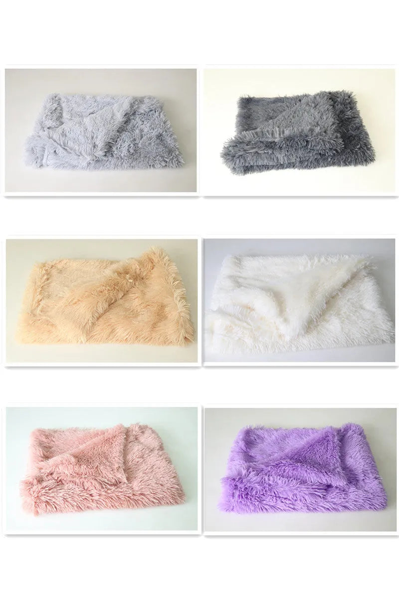 A long plush grey pet blanket for dogs, shown in three different sizes.