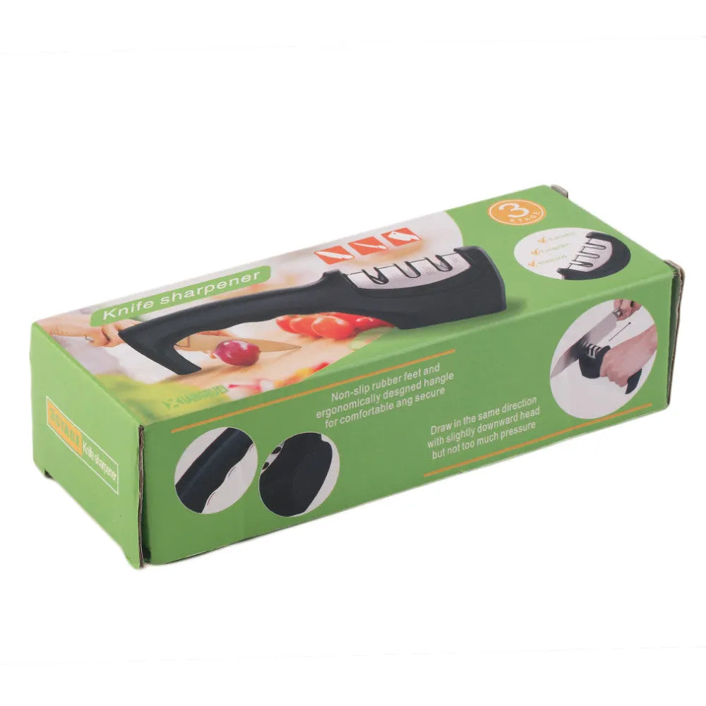 Three-level knife sharpener with three slots, anti-slip rubber feet, and ABS body in black – 20.5x6x7.5cm