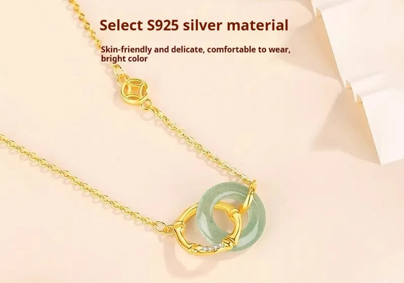 Women's handmade 925 sterling silver bamboo joint peace buckle necklace with pearl element on adjustable O-ring chain, geometric unisex design