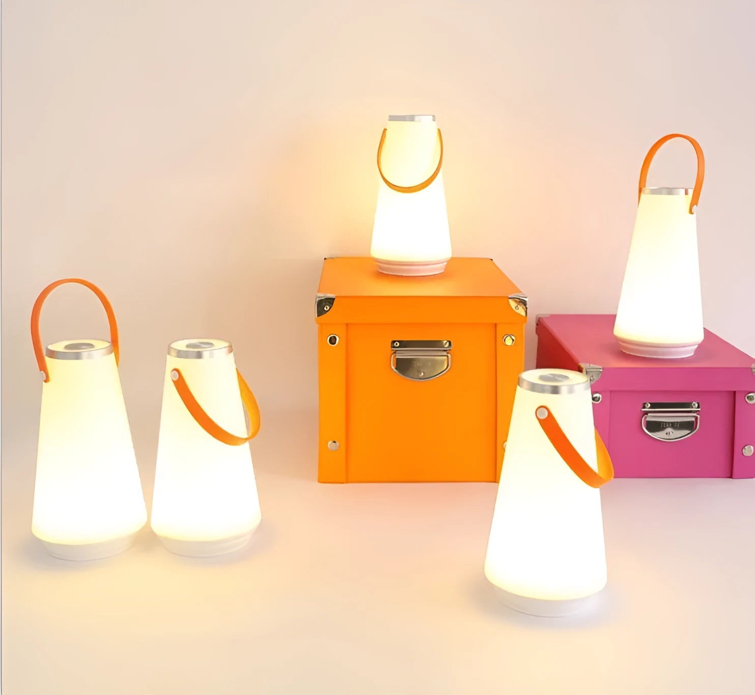 White LED rechargeable night light on a bedside table, 12x12x22cm ABS plastic body with warm glow