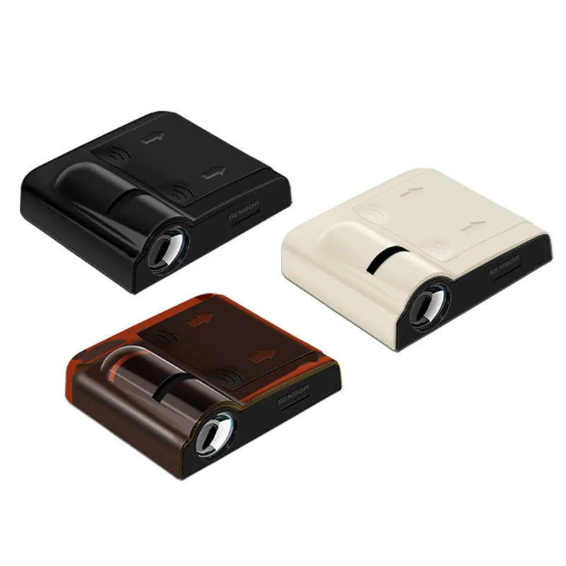 Compact black or beige ABS plastic car projection radium lamp showing dimensions.
