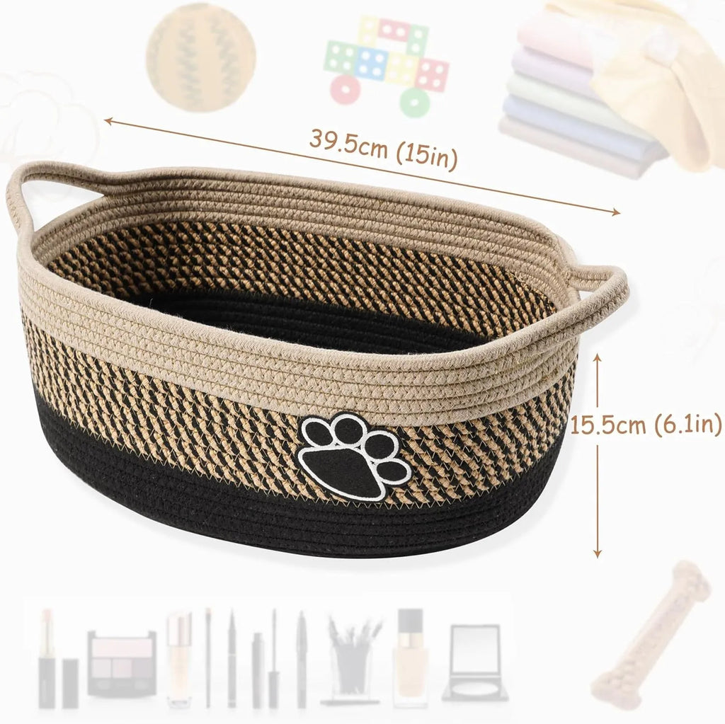 Light beige handmade woven cotton rope storage basket with wood handle, dimensions 34x26x15cm.