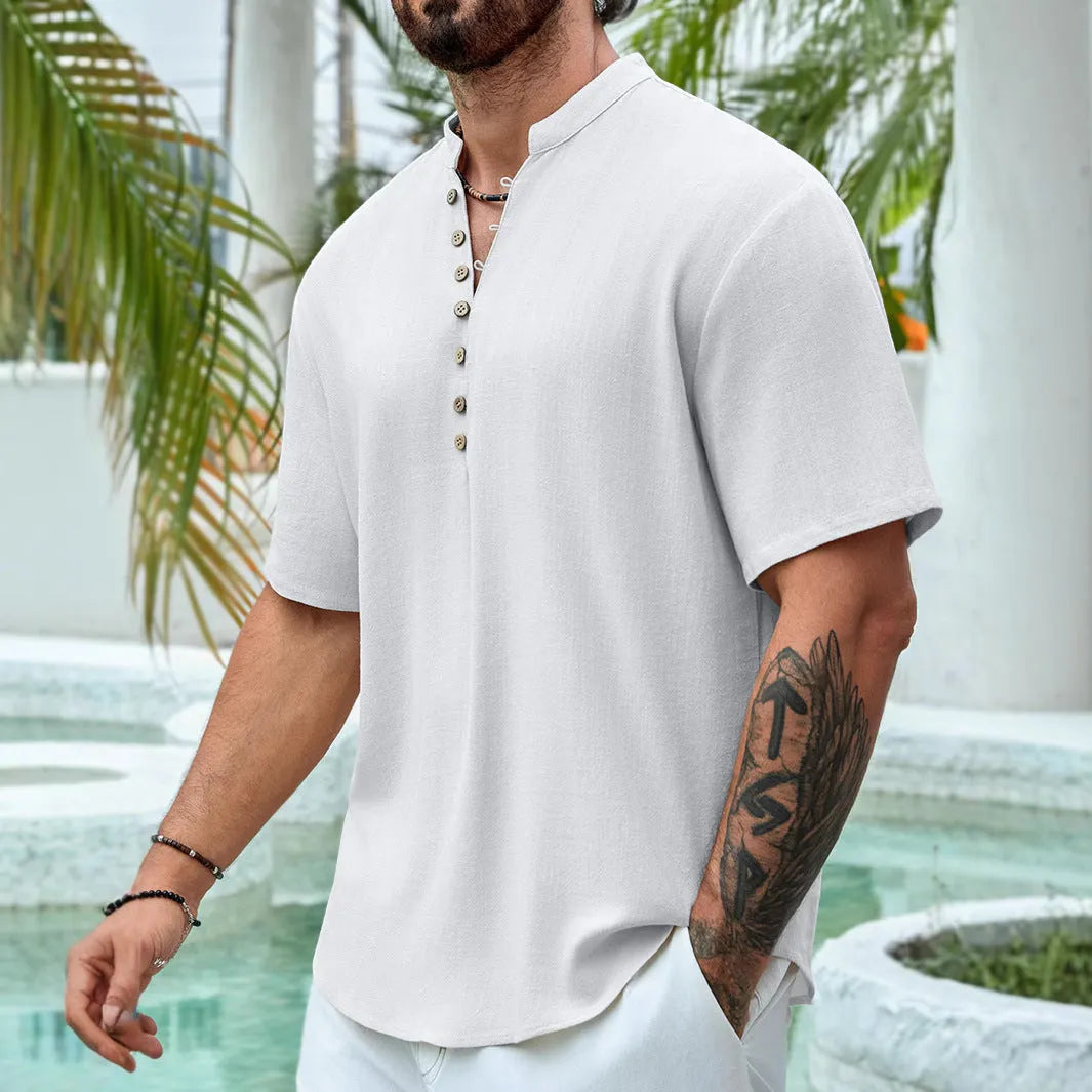 Men's short sleeve V-neck casual shirt in solid colour, cotton linen blend, multi-button front