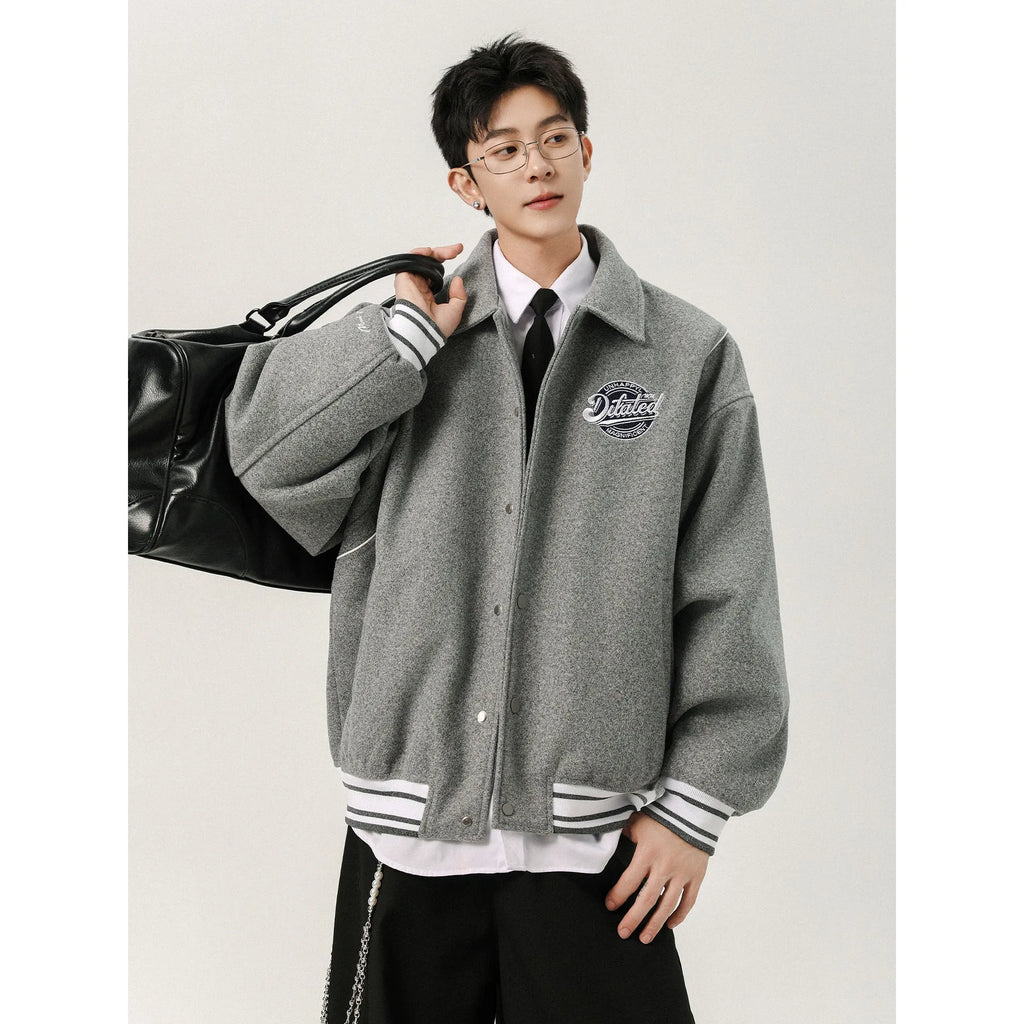 Men's casual patchwork vintage jacket in Flower Gray with stripes and stick pocket, loose fit