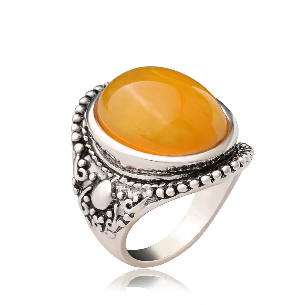 Geometric antique silver retro ring with fluorescent beeswax amber electroplating on alloy