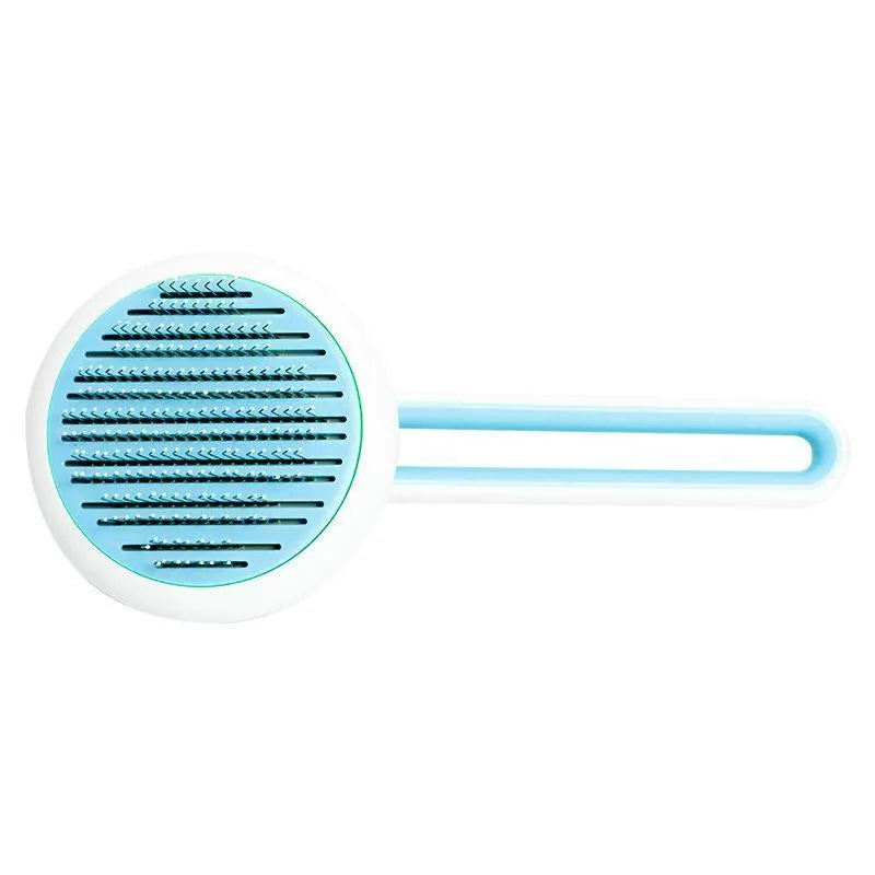 Round pet grooming brush with stainless steel pins and button hair release, blue colour