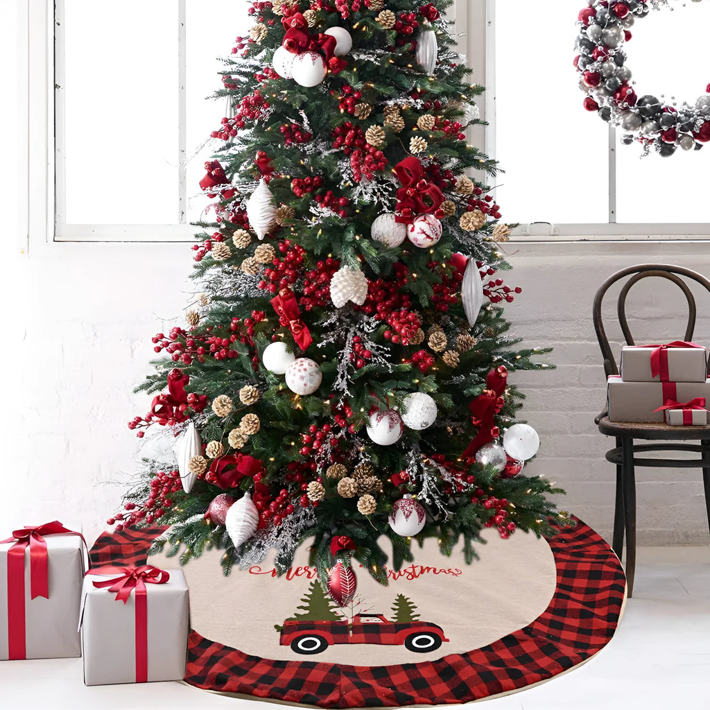 Round imitated linen Christmas tree skirt in shown colour, 120cm diameter, with stitched edge