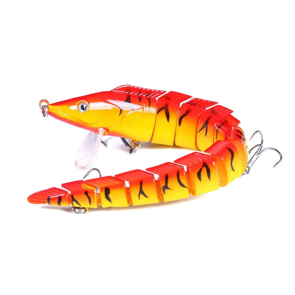 Multi-section simulated loach fishing lure showing jointed body design and natural colour pattern