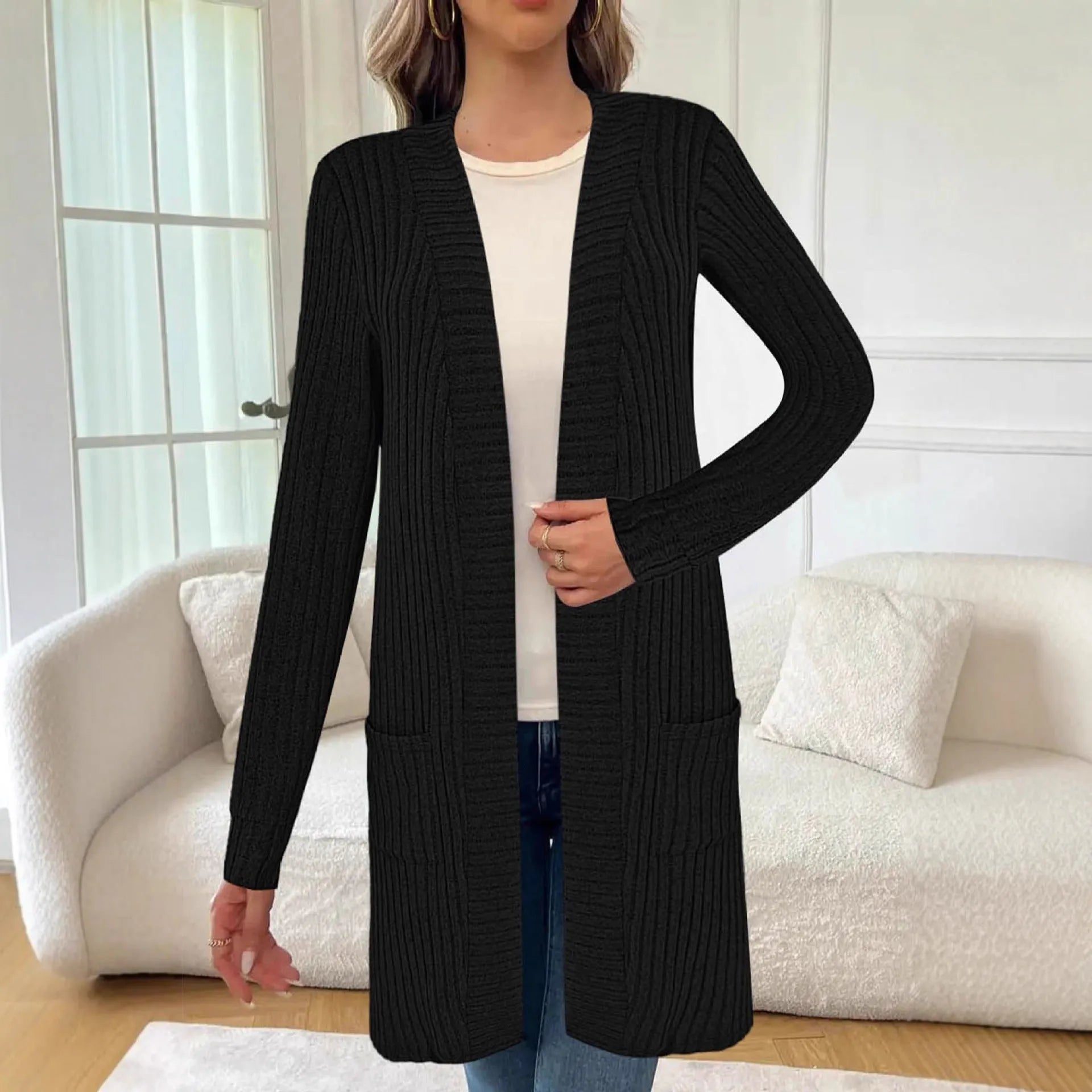 Long sleeve loose fit knitted cardigan jacket in black, wine red, or grey colour for sizes 1XL to 5XL