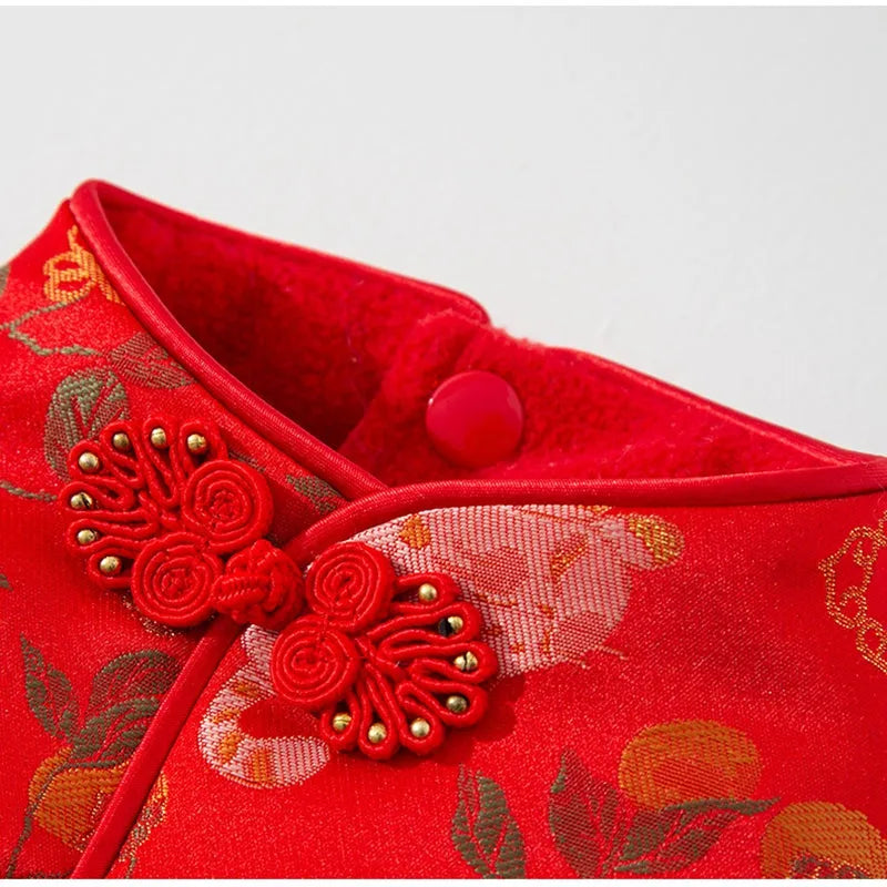 Red cheongsam pet vest with decorative knot buttons, floral and fruit patterns, for Lunar New Year
