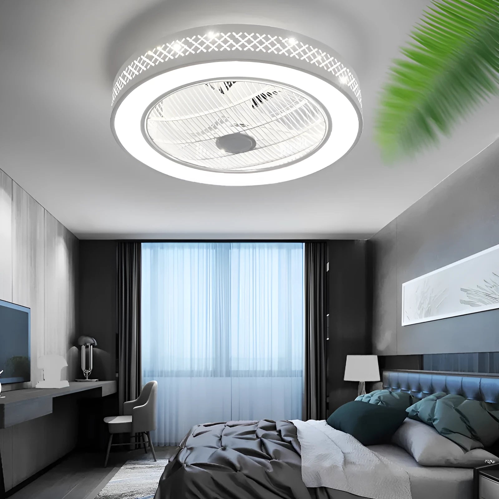 55cm LED invisible fan chandelier ceiling light with metal blades and decorative insert