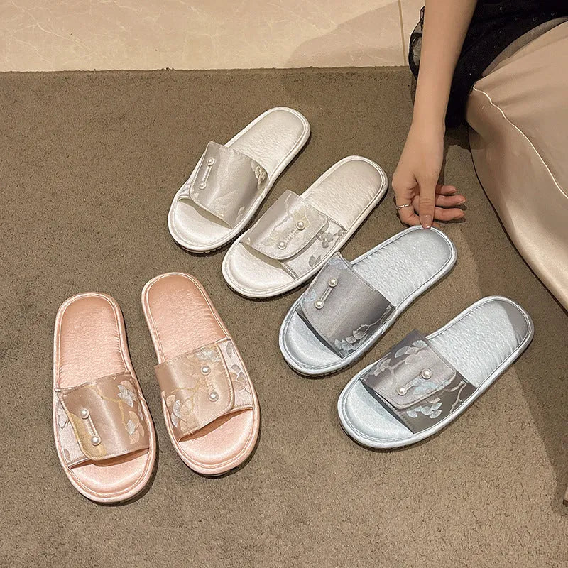 Casual soft bottom non-slip flat sandals with TPR sole, breathable spliced upper, available in blue pink and white colours