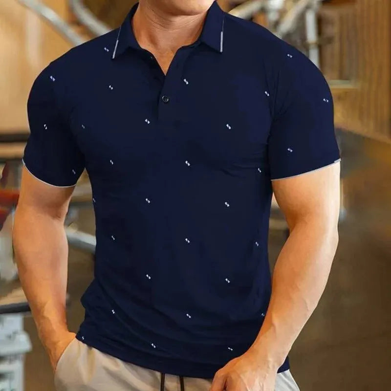 Men's short sleeve digital print sports top in polyester fibre, available in black, dark blue, red, and white, sizes S to 6XL