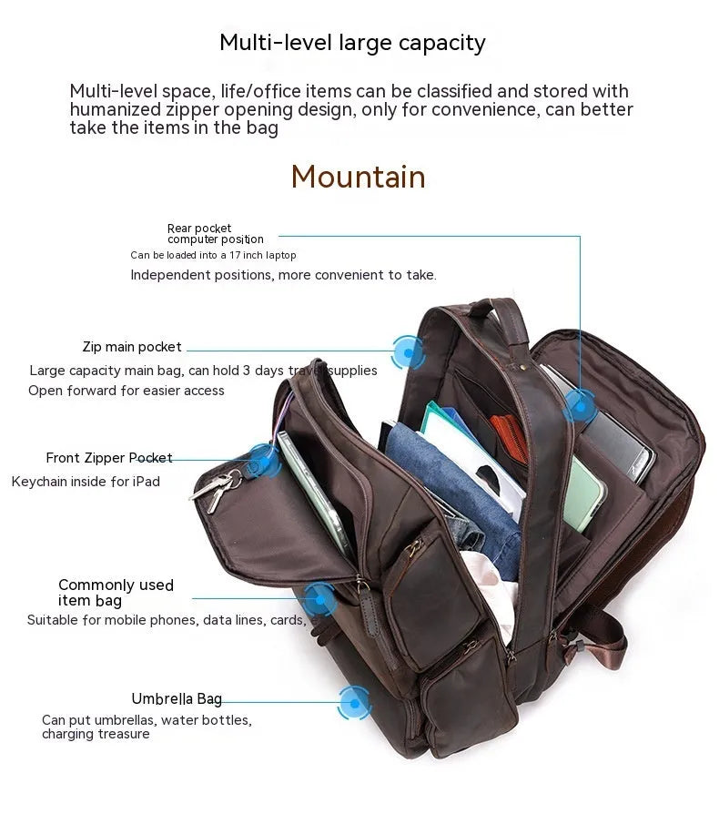 Dark brown retro leather backpack for 17-inch laptops with multiple compartments and shoulder straps