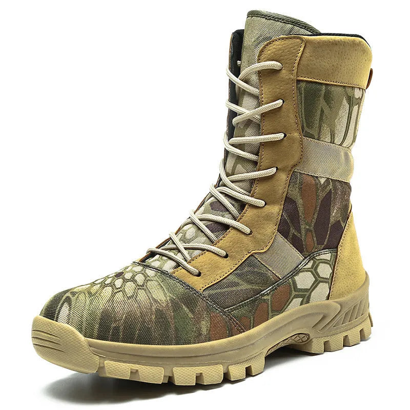Men's black and camouflage mesh upper combat boots in plus sizes with high-top design