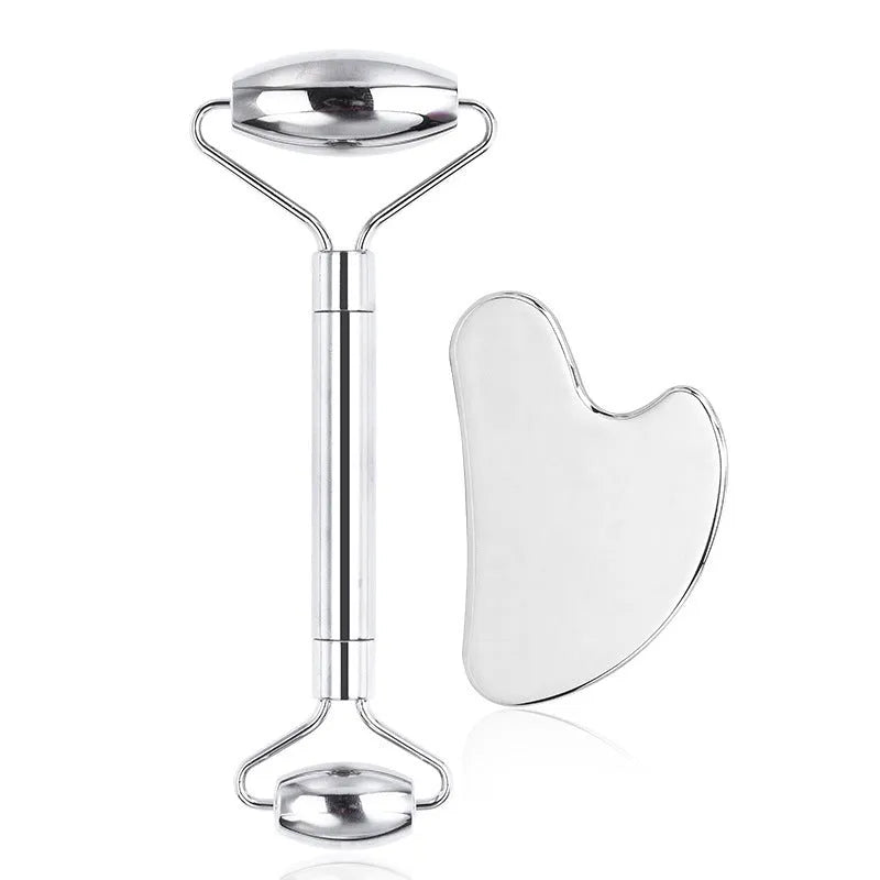 Stainless steel facial massage board set with double-head roller and heart-shaped scraping plate