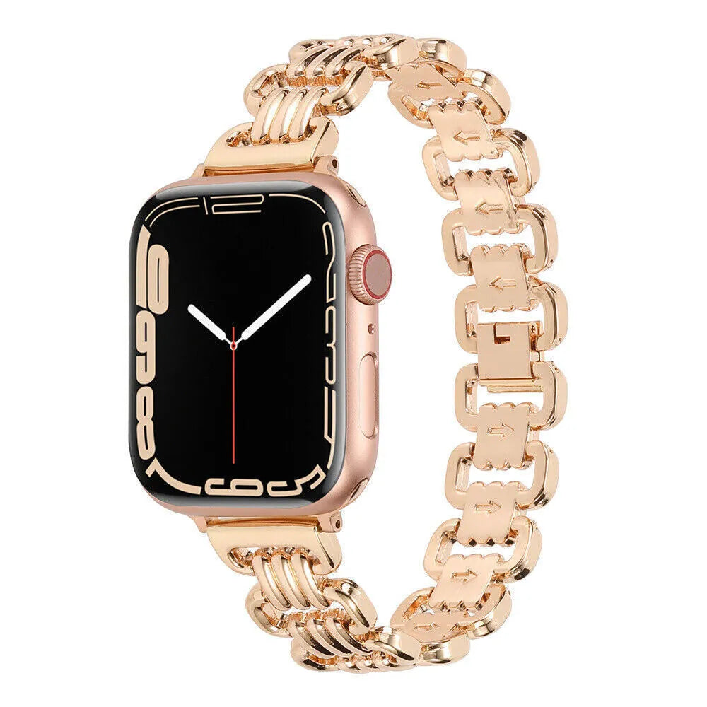 Alloy metal replacement bracelet for Apple Watch in silver, black, gold, rose gold, and Starlight colours.