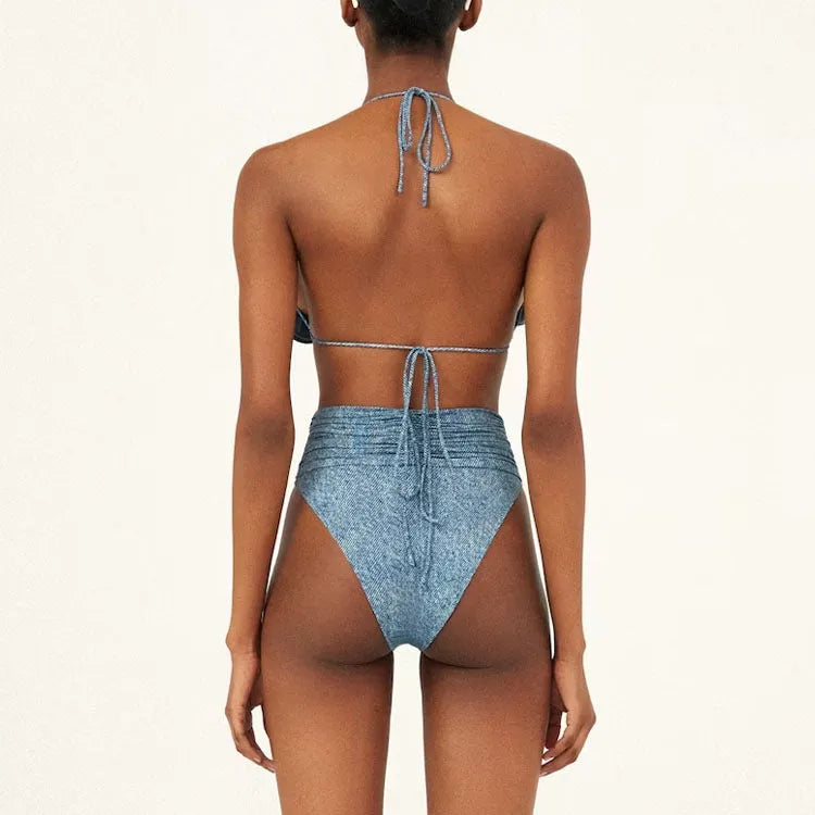 3D flower decoration halter lace-up bikini for women, polyester fabric, briefs style, sleeveless