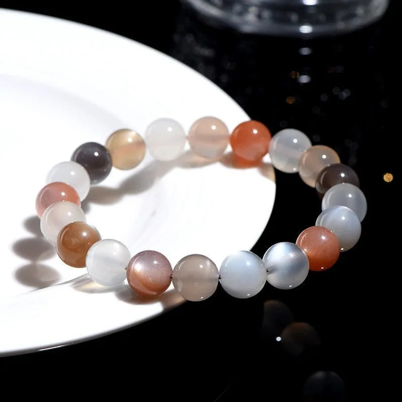 Natural colourful moonlight bracelet with 8mm moonstone beads on wrist