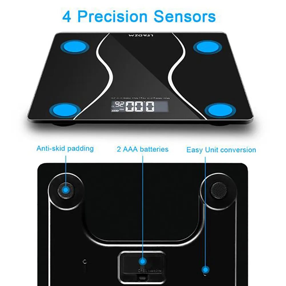 Black electronic body scale with digital display and 180kg weight capacity for household health monitoring