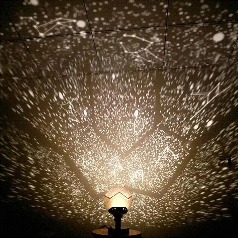LED star projector showing constellation patterns on bedroom ceiling with remote control