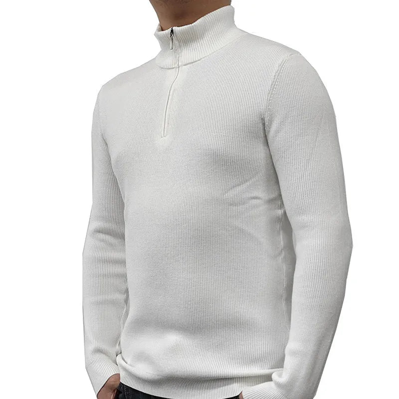 Man wearing a grey half-turtleneck zip-front casual sweater