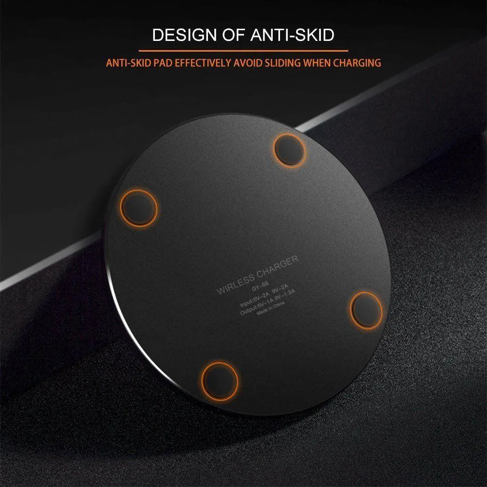 Black ultra-thin wireless fast charging base measuring 98mm square with 6.5mm thickness