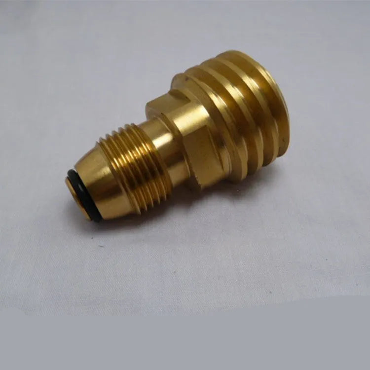 Brass gas brazier adapter with gold finish and external thread taper for 7mm diameter gas connections