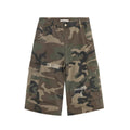 Men's loose-fit camouflage cropped jeans with ripped knees and retro patches on a straight-leg.