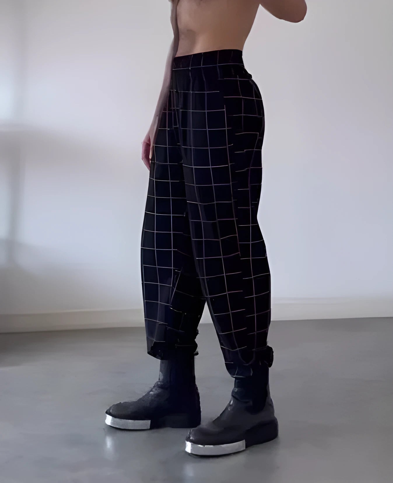 Men's plaid trousers with apron-style front panel in various sizes