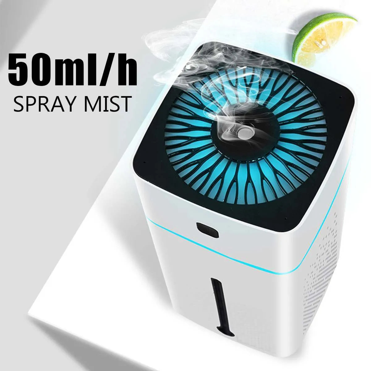 Black and white desktop humidifier with USB cable, showing compact 103x103x218mm size.