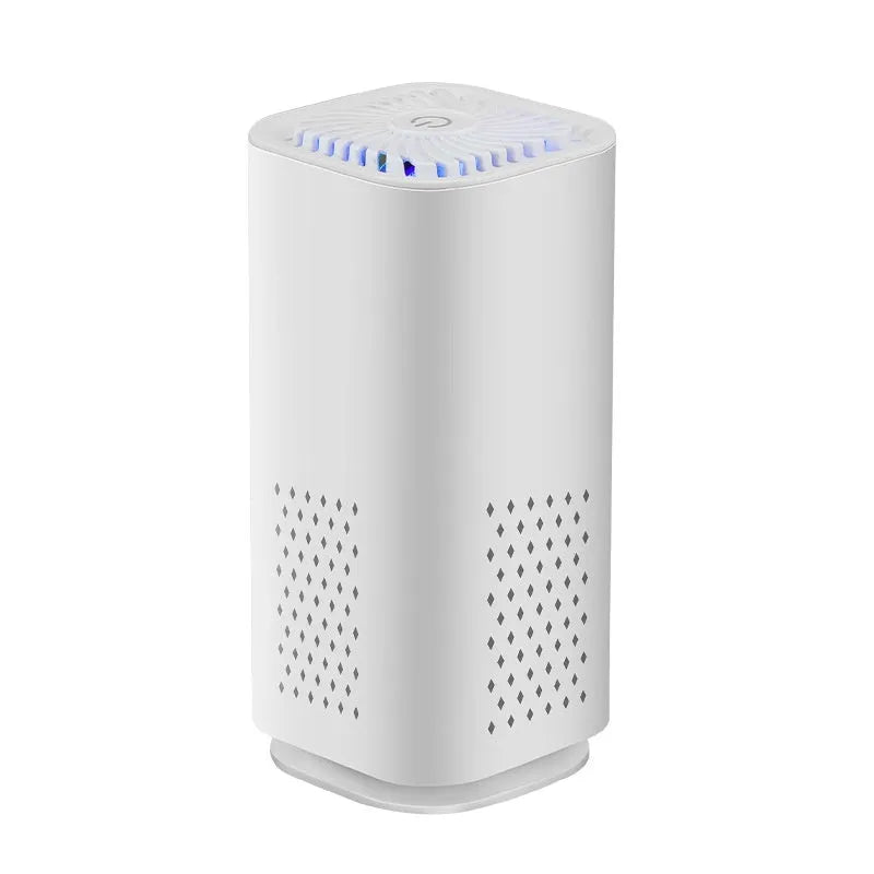 Mini car air purifier in black and white options with USB cable and filter element