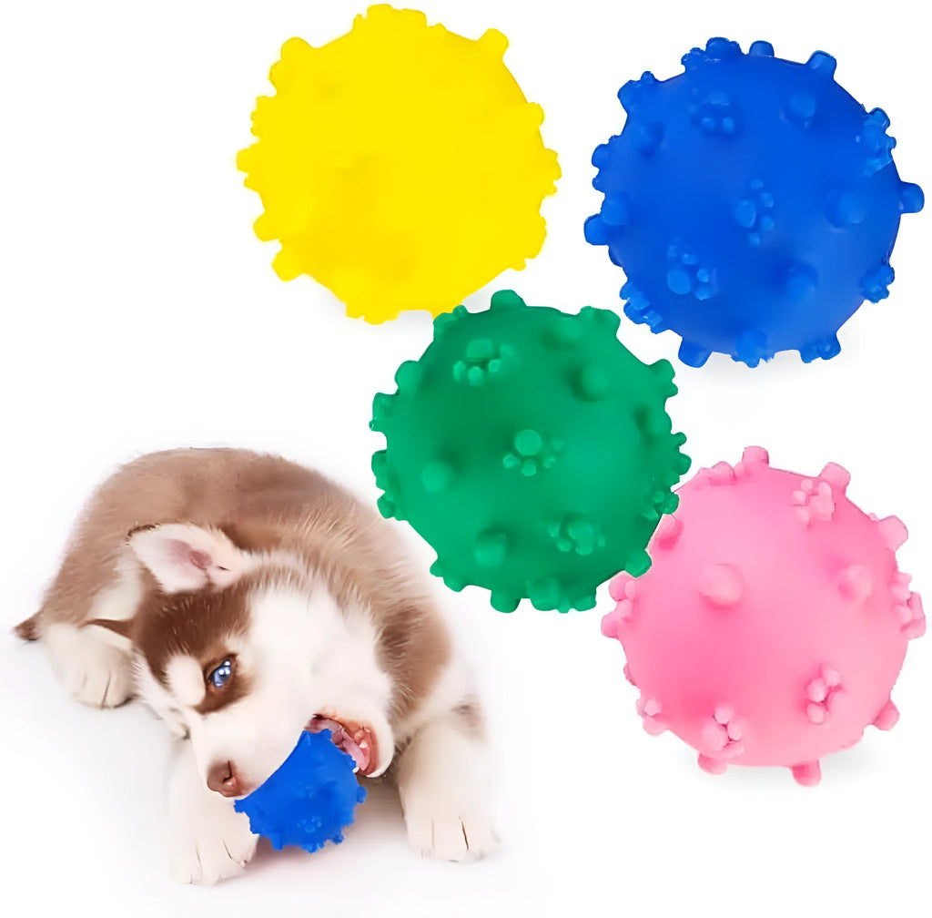 Bright colour spiked dog toy balls with paw print dimples for small breed chewing and fetch games
