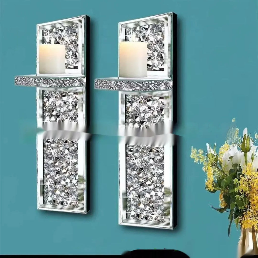 Pair of silver glass wall hanging candlesticks with modern minimalist design