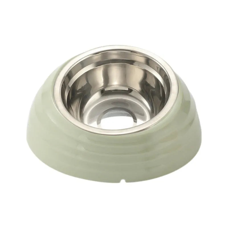Stainless steel cat bowl in plastic holder available in light green, beige, and brown colour options