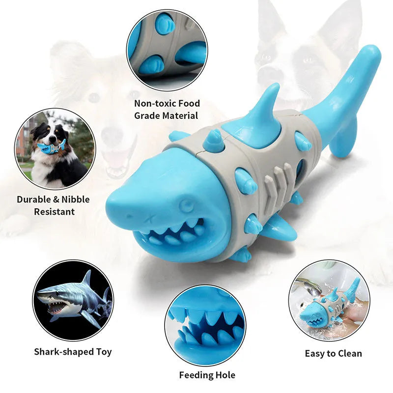 Dog teething leaky toy in blue with shark-tooth texture and bite-resistant material