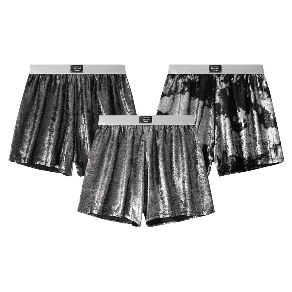 Men's reflective bright silver woven loose fit underwear with mid waist design
