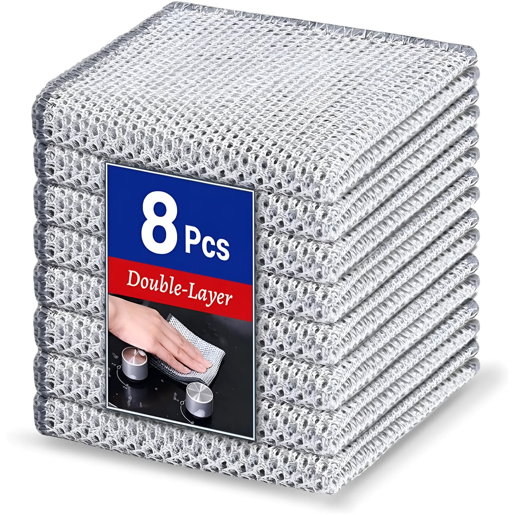 Silver silk double-sided scouring pad with steel wire ball and microfiber, shown in 20cm and 25cm sizes.