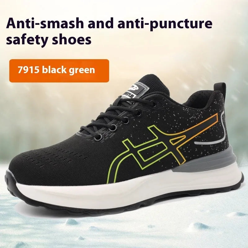 Brown leather anti-smash and puncture resistant lightweight labour protection shoes with rubber sole.