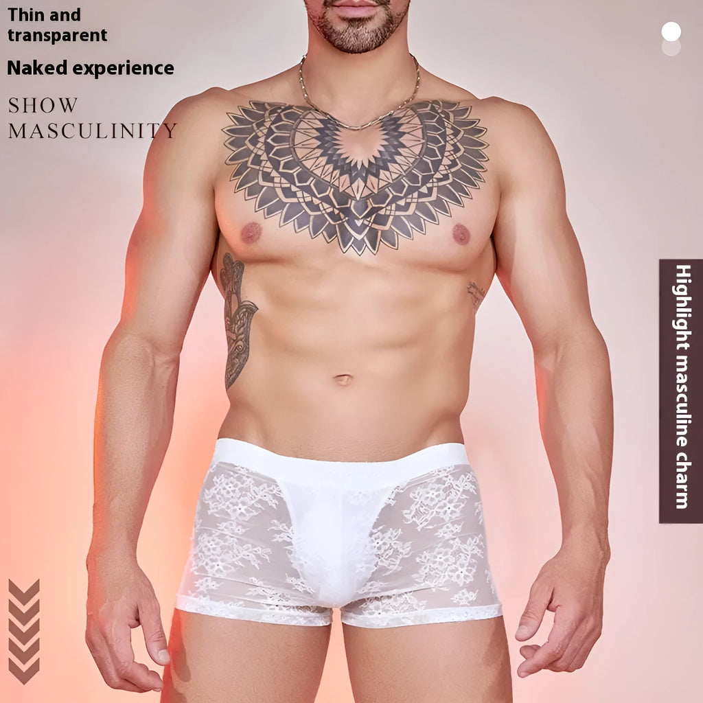 Black lace detail men's nylon boxers briefs on a white background.