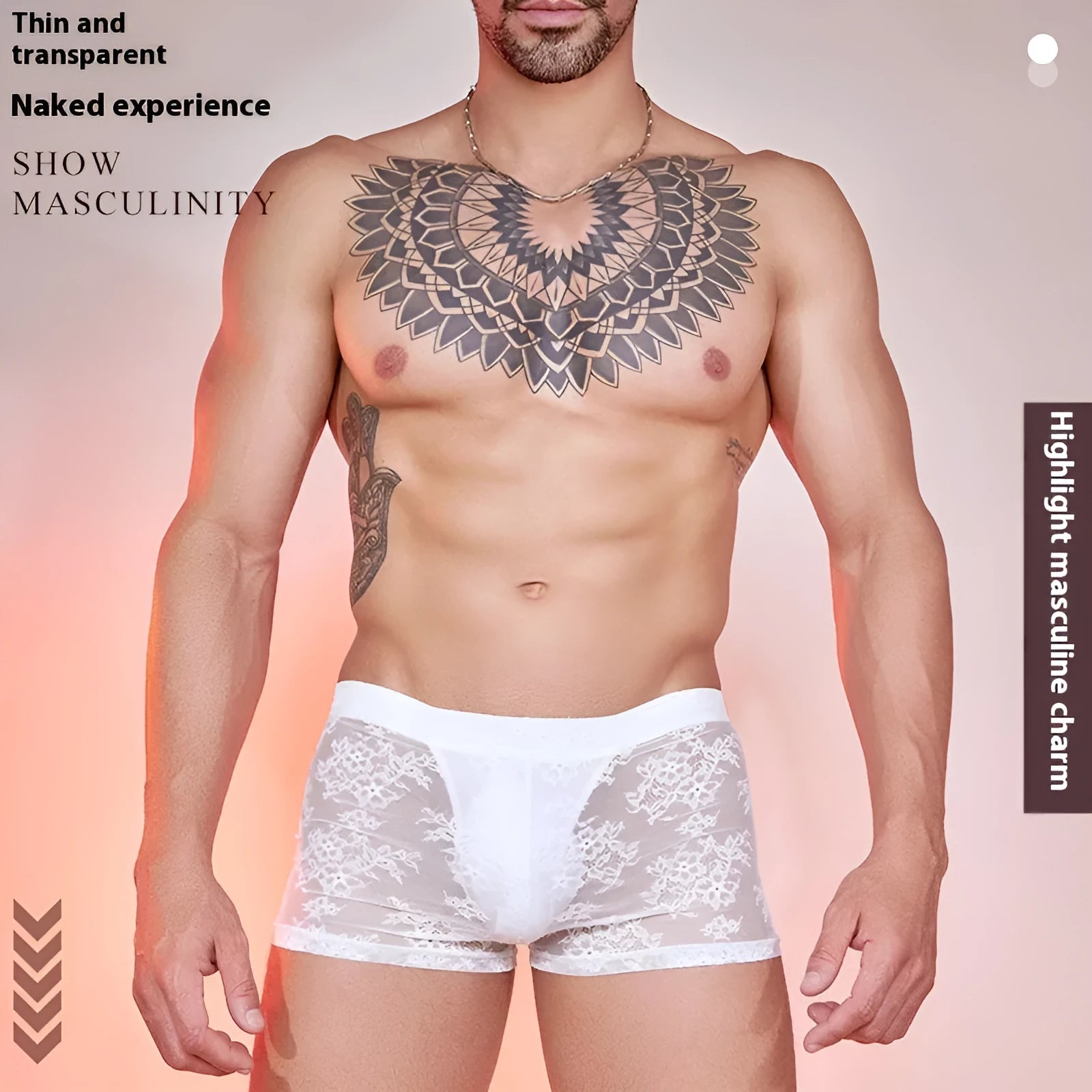 Black lace detail men's nylon boxers briefs on a white background.