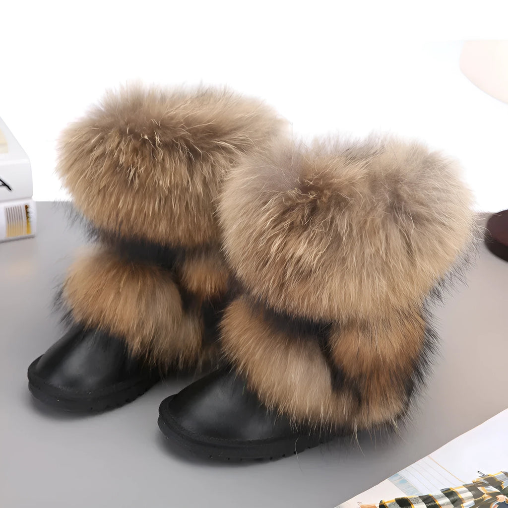 Women's winter mid-calf fox fur snow boots with flat heel in black original fur colour