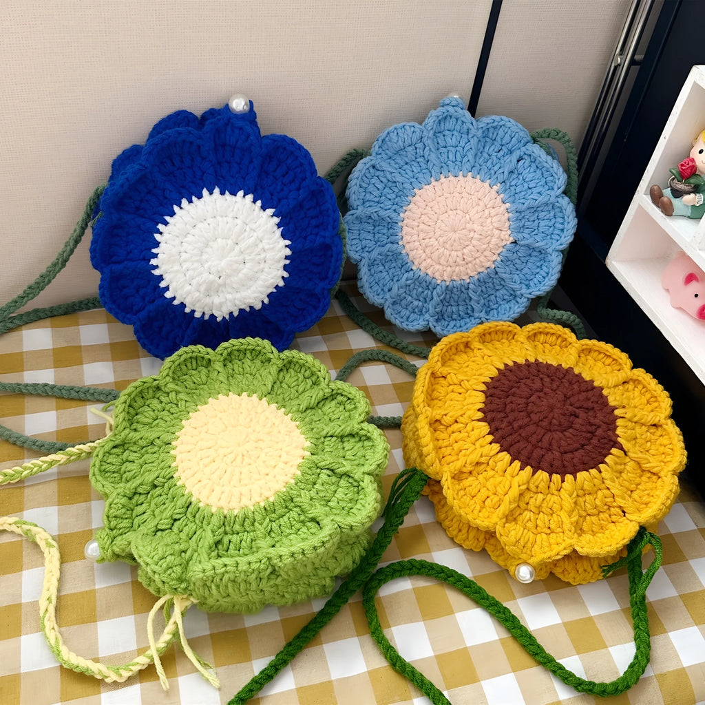Hand-Woven Bag Wool Crocheted Floral Tote Round Shape Cotton Lining Mobile Phone Bag Available in Green Light Blue Royal Blue Yellow